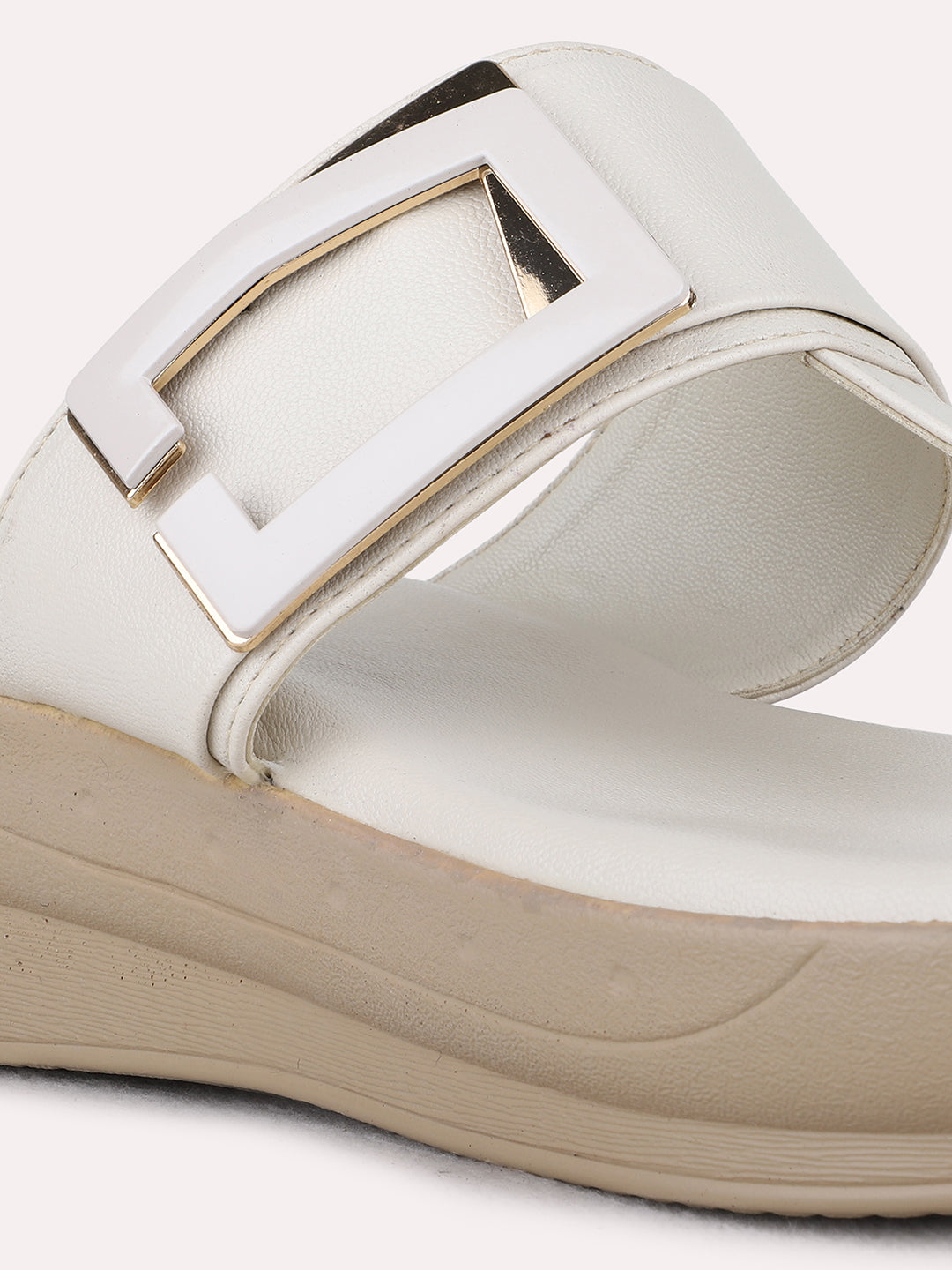 Womens Cream Party Wear Solid Round Toe Wedge Heel Sandals