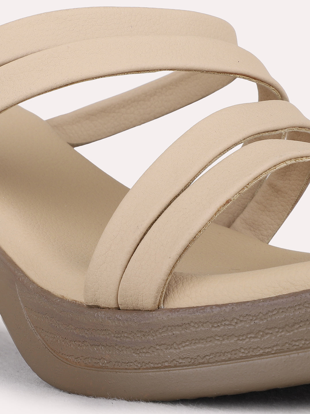 Womens Beige Party Wear Solid Round Toe Block Heel Sandals