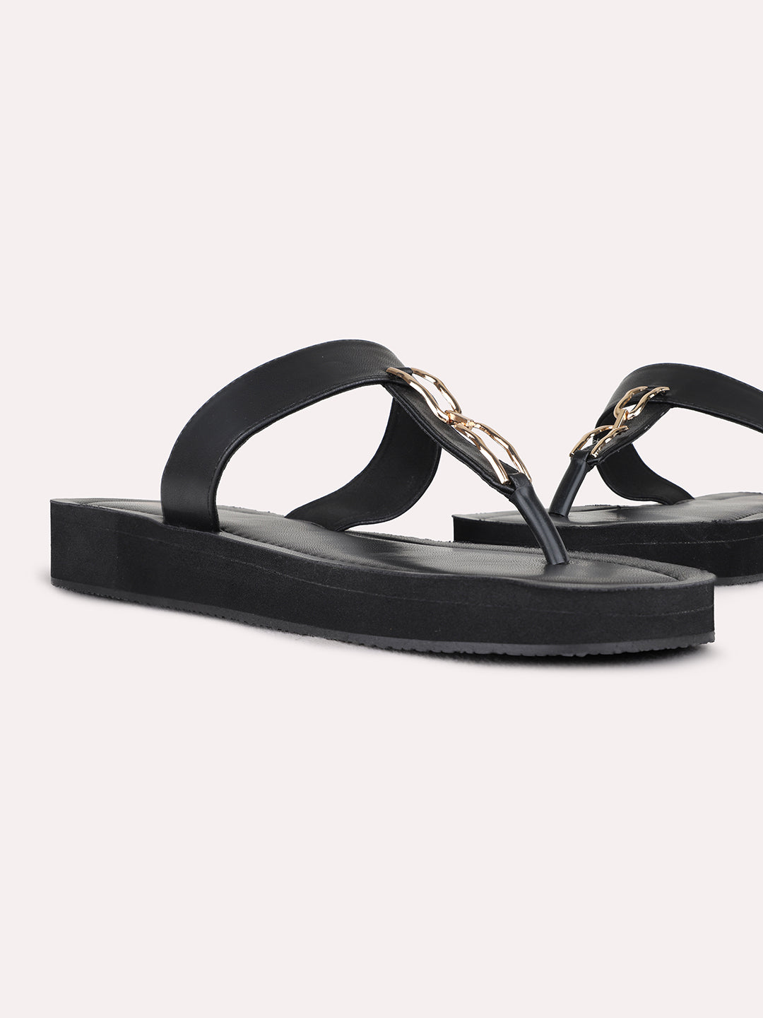 Womens Black Casual Solid T-Strap Flat Slip-on Sandals