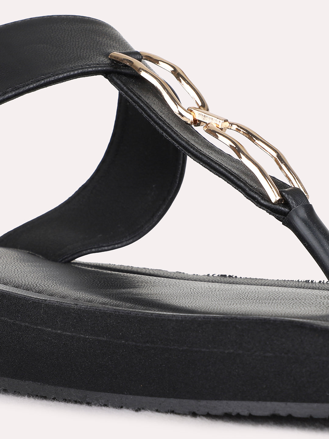 Womens Black Casual Solid T-Strap Flat Slip-on Sandals