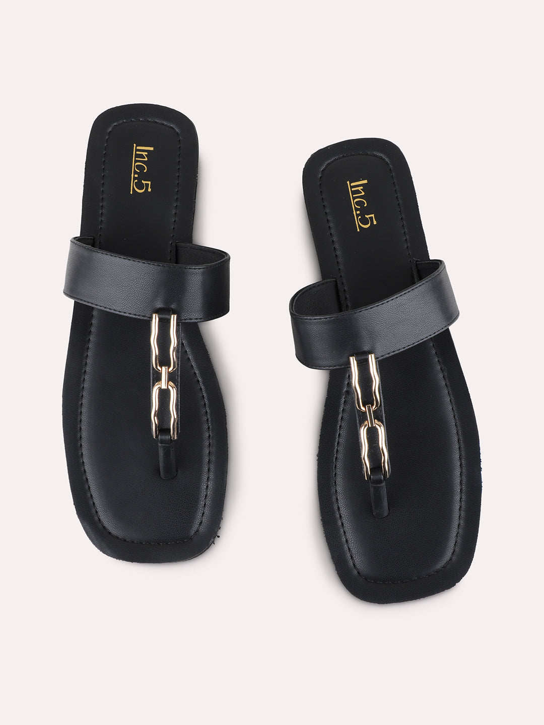 Womens Black Casual Solid T-Strap Flat Slip-on Sandals