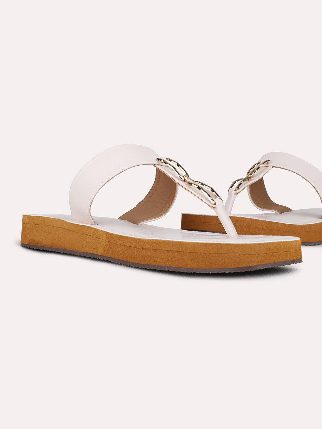 Womens Cream Casual Solid T-Strap Flat Sandals