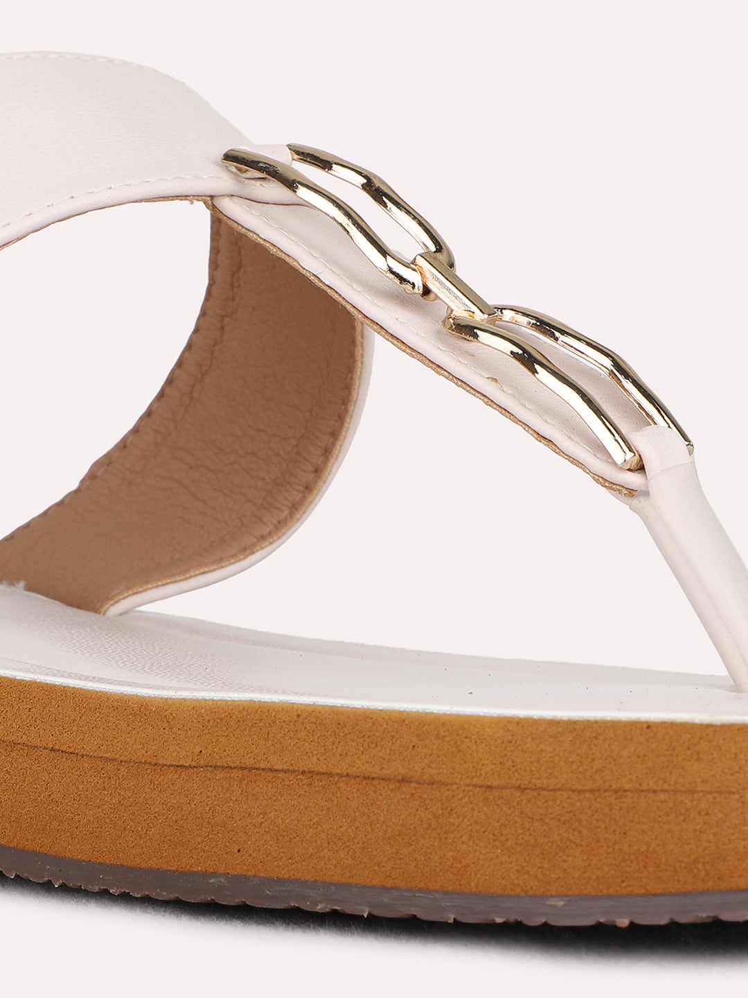 Womens Cream Casual Solid T-Strap Flat Sandals