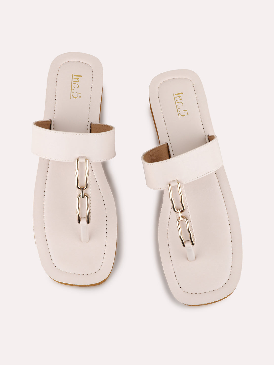 Womens Cream Casual Solid T-Strap Flat Sandals