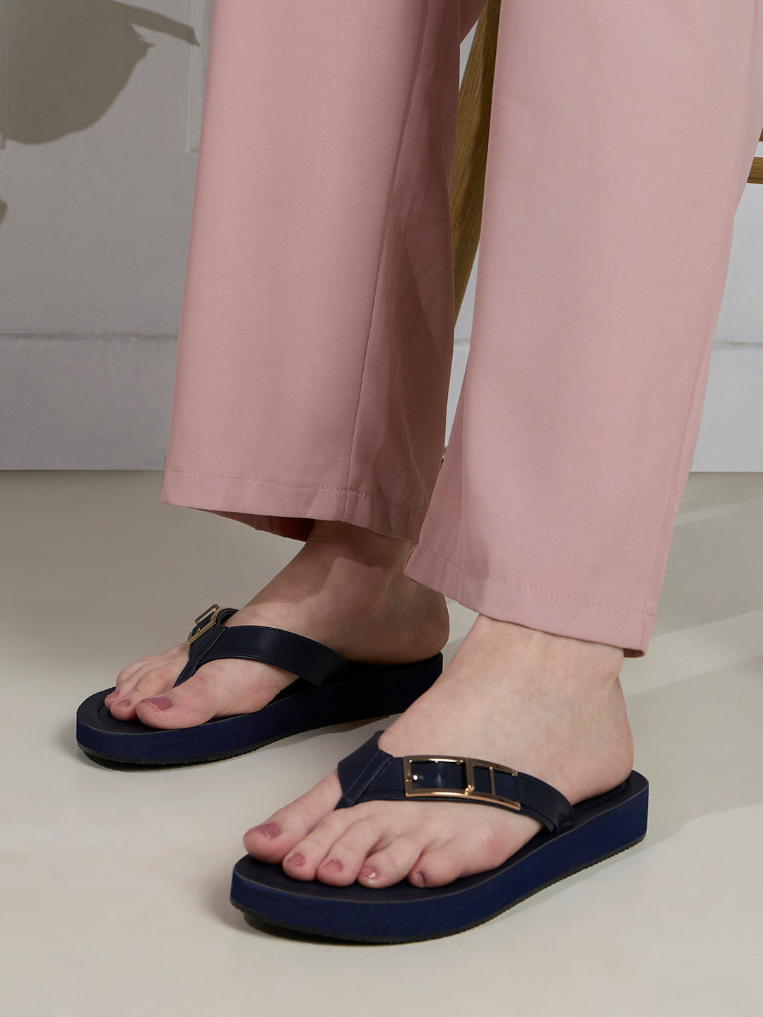 Womens Navy Casual Solid T-Strap Flat Sandals