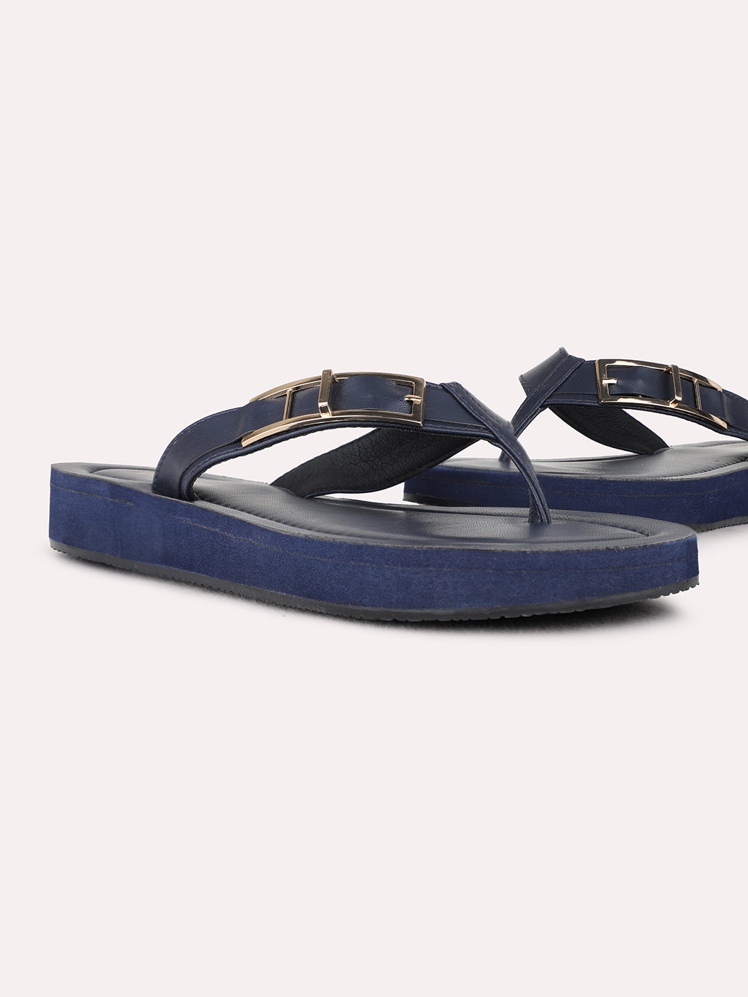Womens Navy Casual Solid T-Strap Flat Sandals