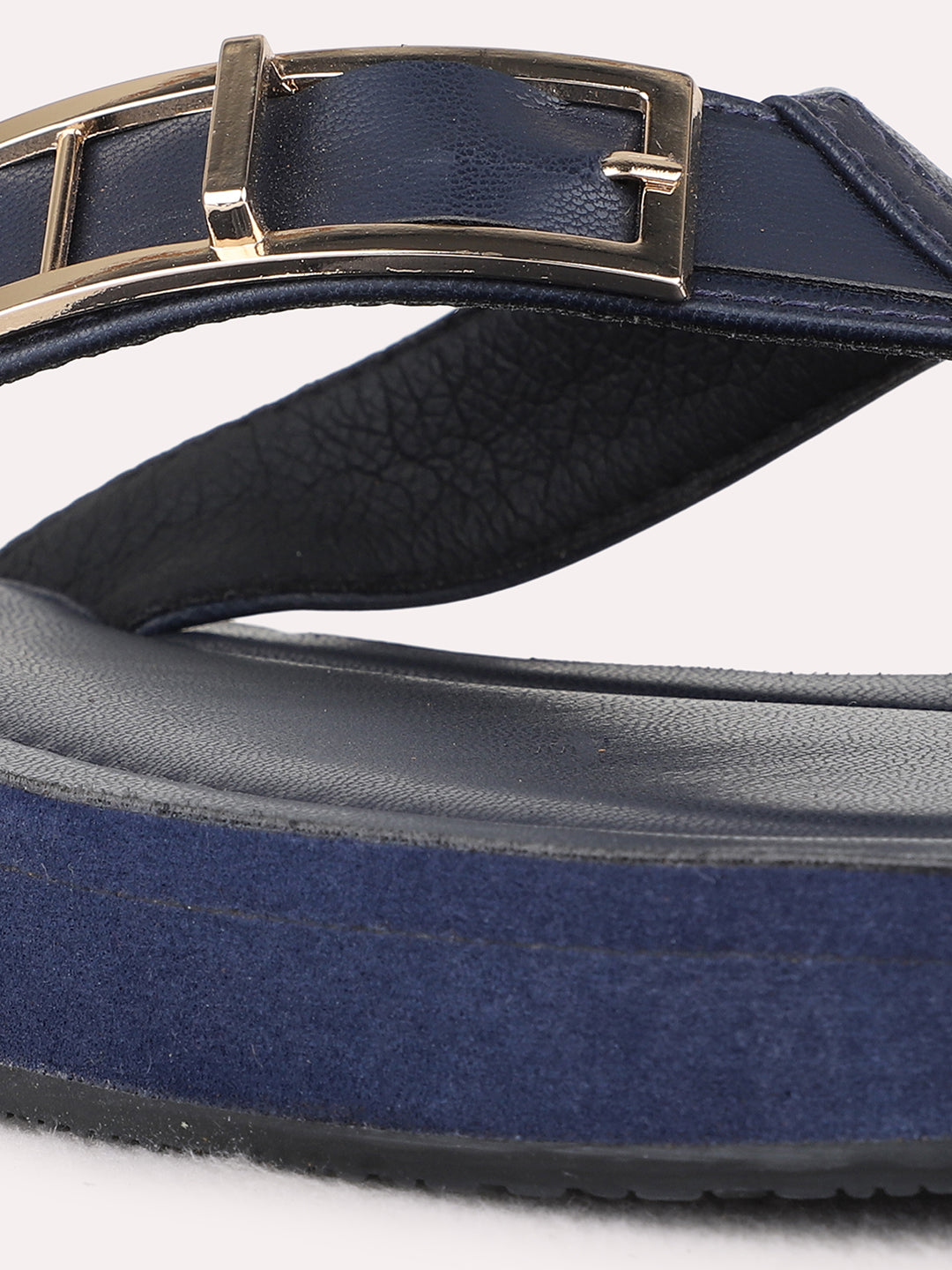 Womens Navy Casual Solid T-Strap Flat Sandals