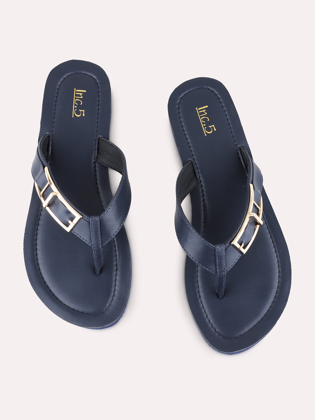 Womens Navy Casual Solid T-Strap Flat Sandals