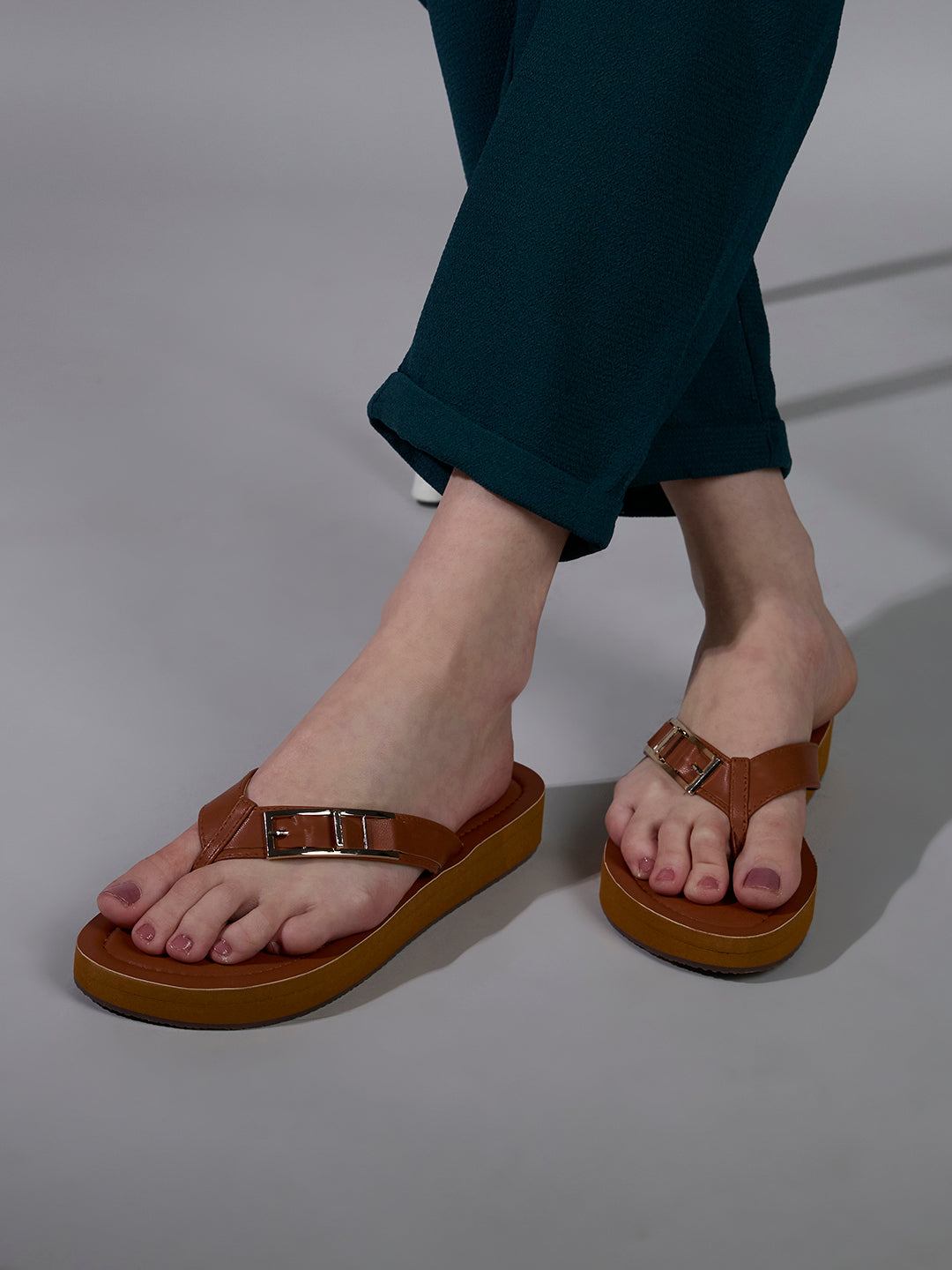 Womens Tan Casual Solid T-Strap Flats
