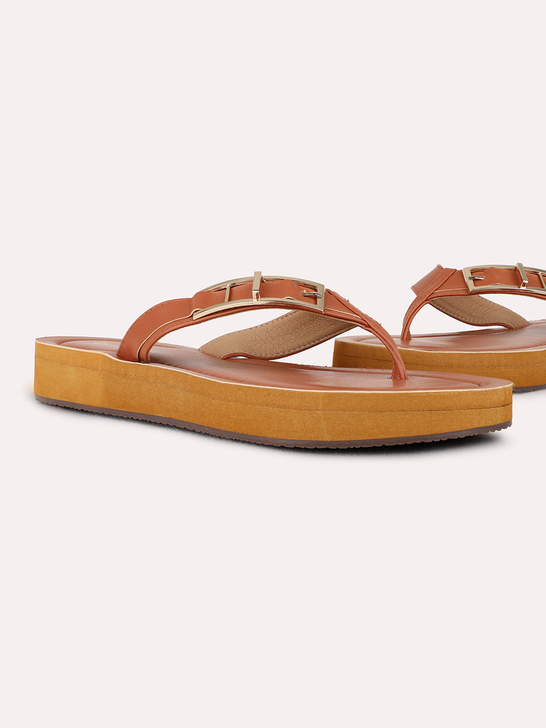 Womens Tan Casual Solid T-Strap Flat Sandals