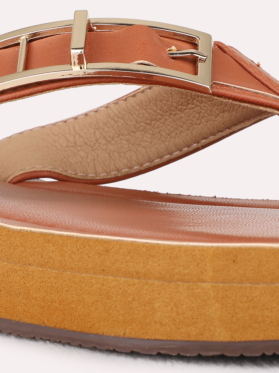 Womens Tan Casual Solid T-Strap Flat Sandals