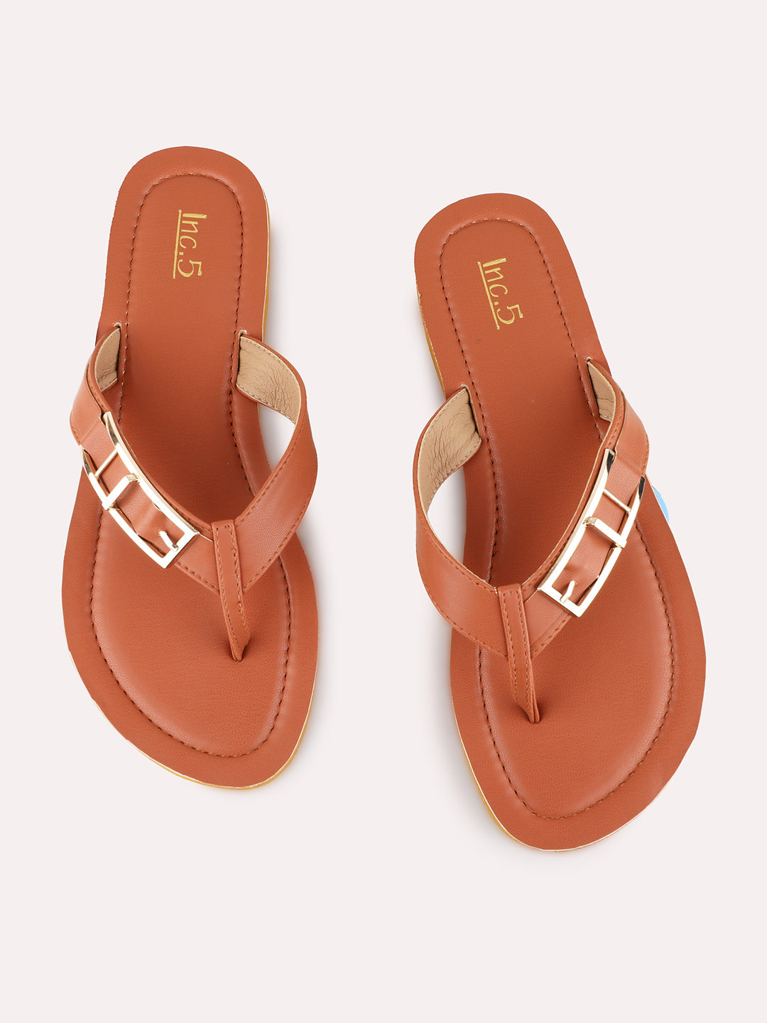 Womens Tan Casual Solid T-Strap Flat Sandals