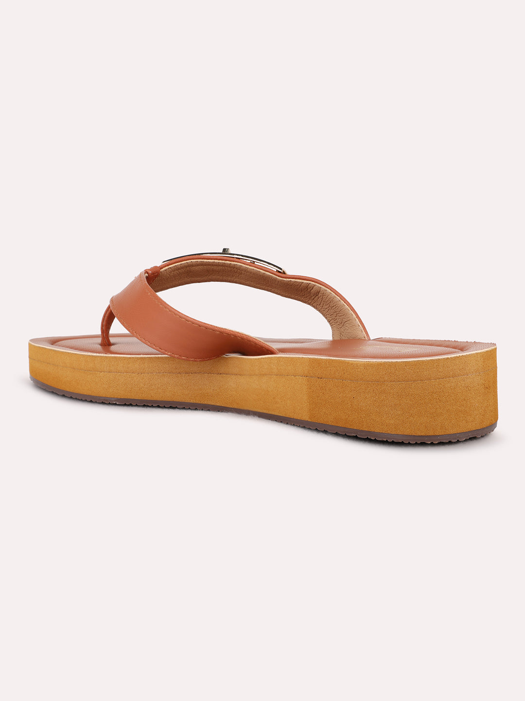 Womens Tan Casual Solid T-Strap Flat Sandals