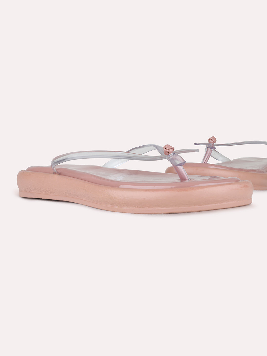 Womens Peach Casual Transparent T-Strap Flat Slip-On Sandals