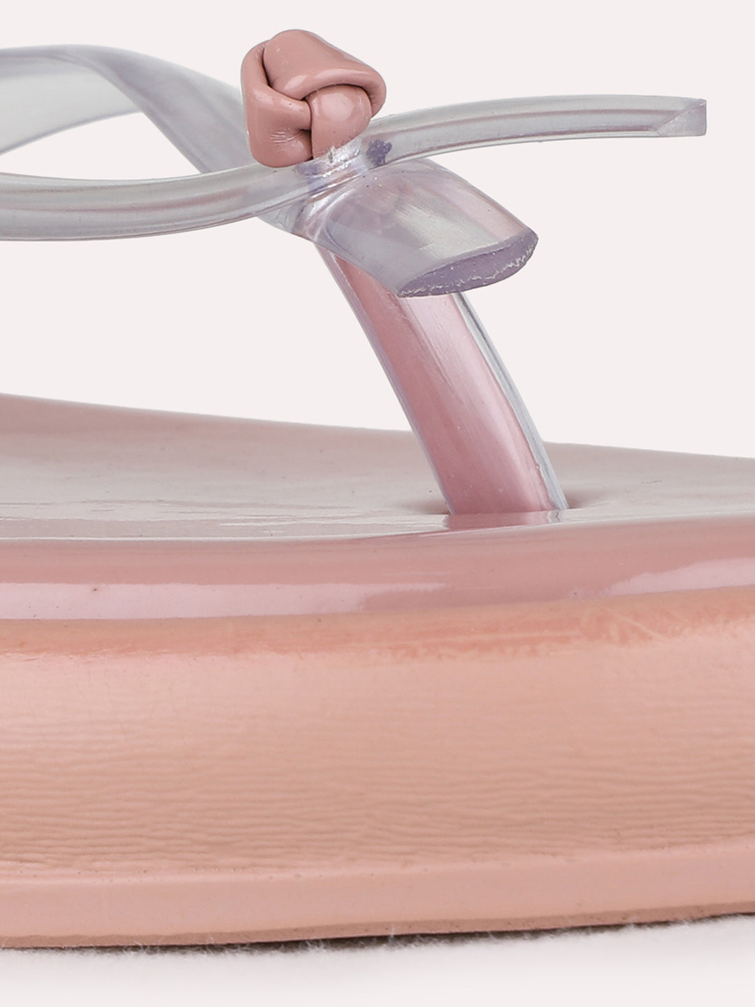 Womens Peach Casual Transparent T-Strap Flat Slip-On Sandals