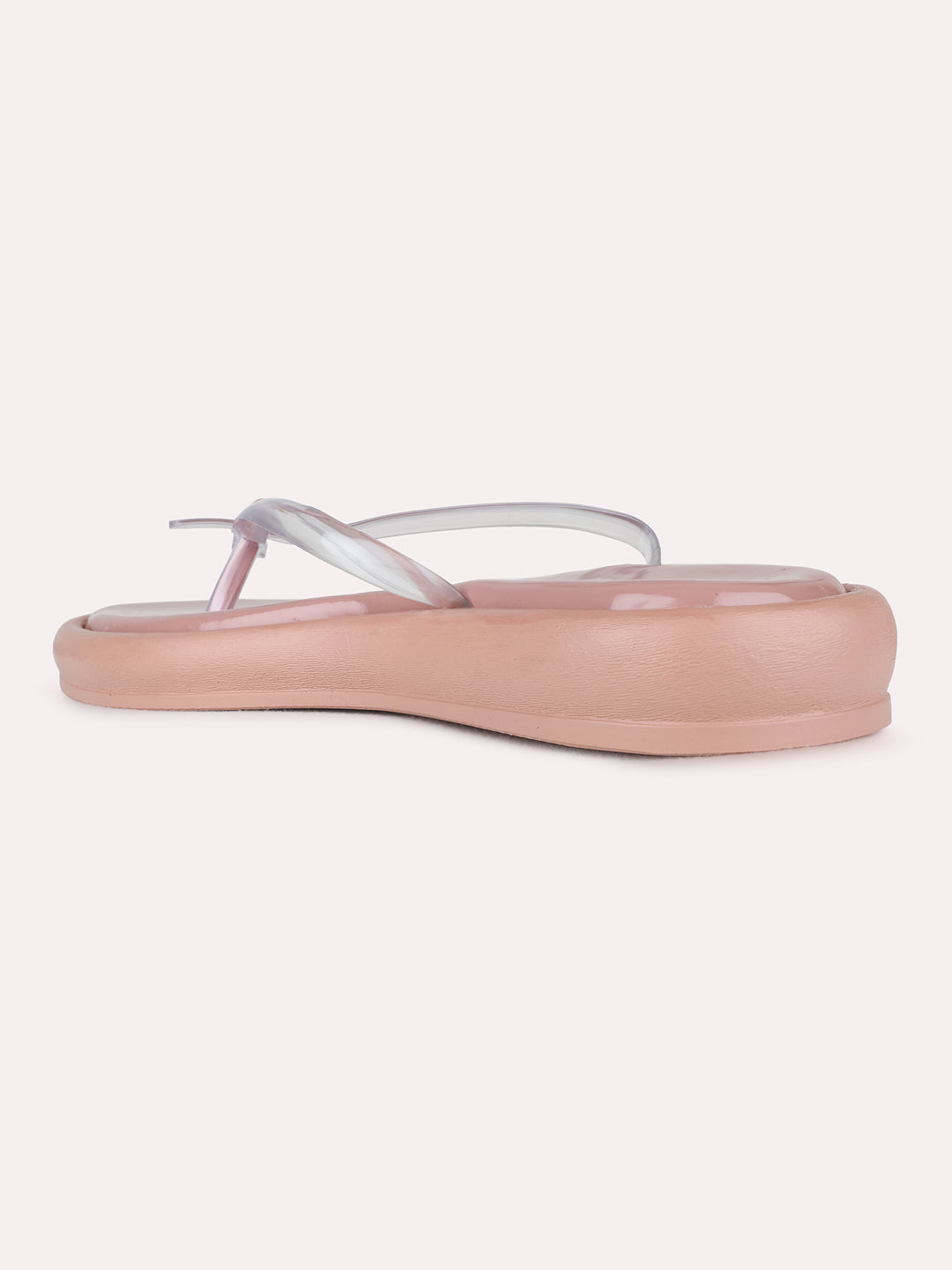 Womens Peach Casual Transparent T-Strap Flat Slip-On Sandals