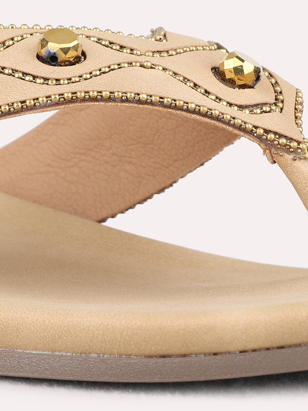 Womens Beige Ethnic Embellished T-Strap Flat Slip-Ons