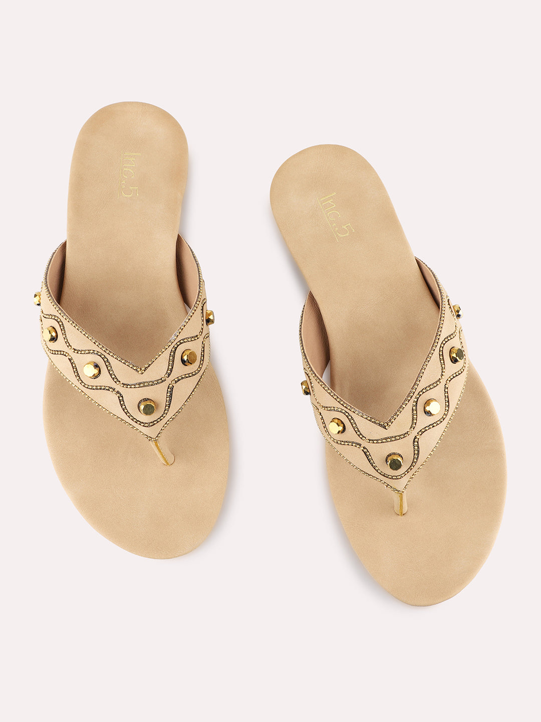 Womens Beige Ethnic Embellished T-Strap Flat Slip-Ons