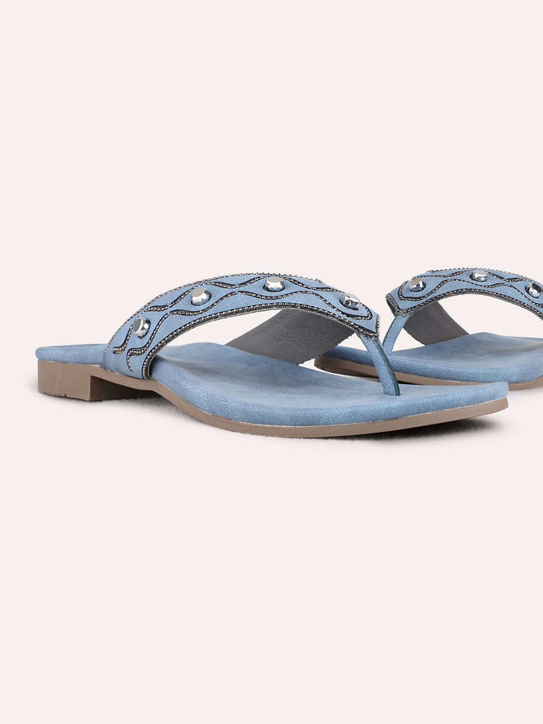 Womens Blue Ethnic Embellished T-Strap Flat Slip-Ons