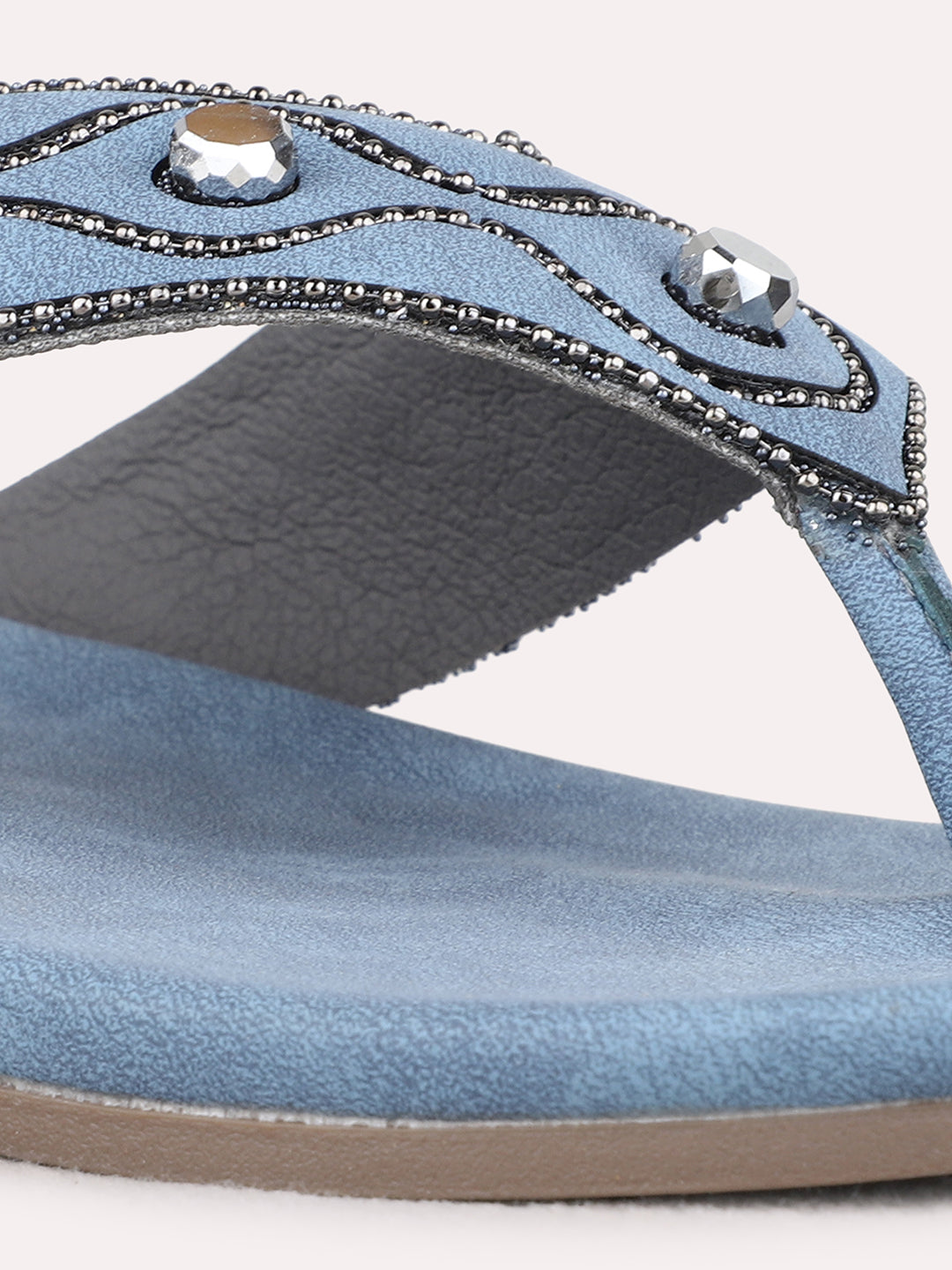 Womens Blue Ethnic Embellished T-Strap Flat Slip-Ons
