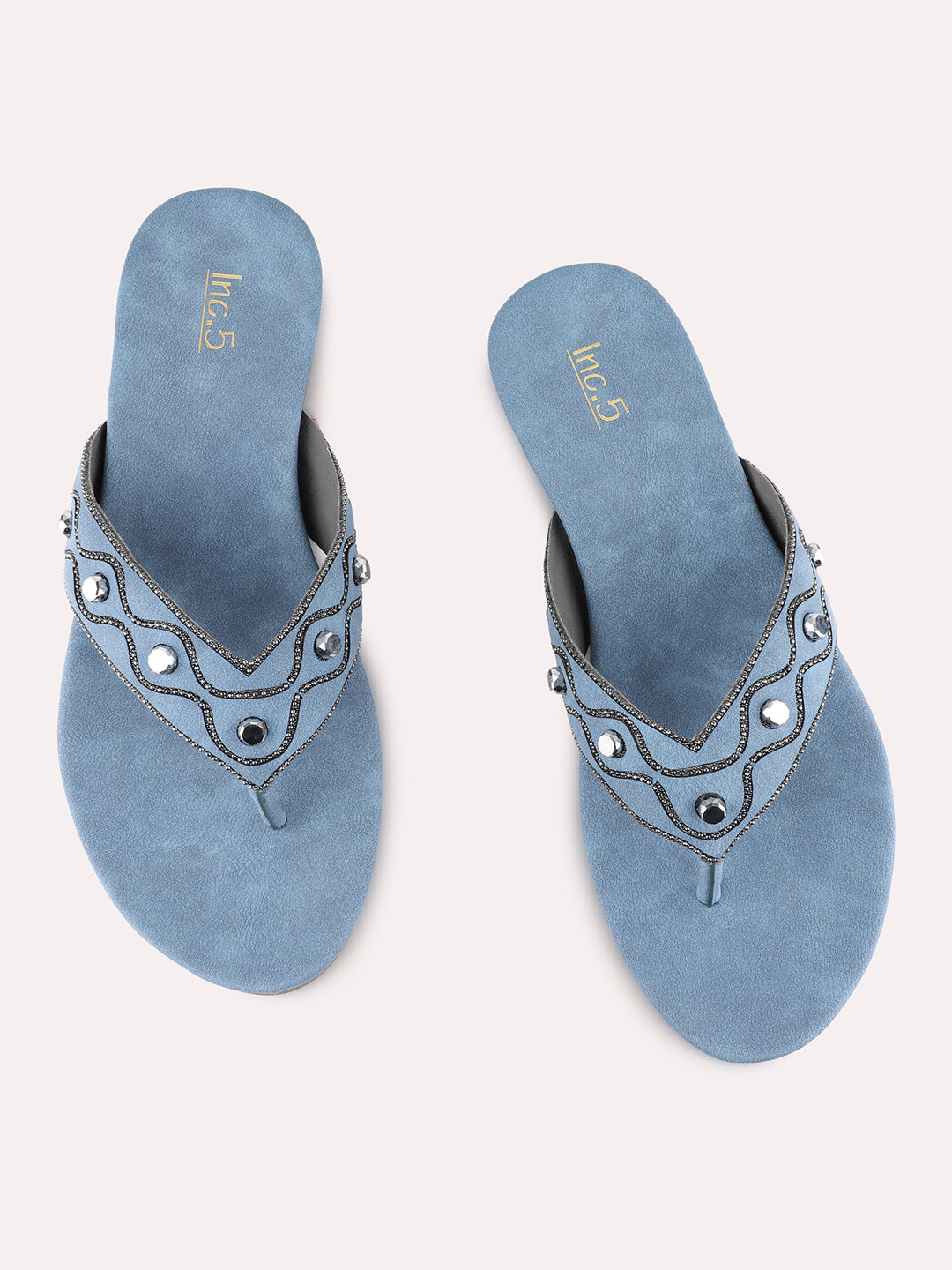 Womens Blue Ethnic Embellished T-Strap Flat Slip-Ons