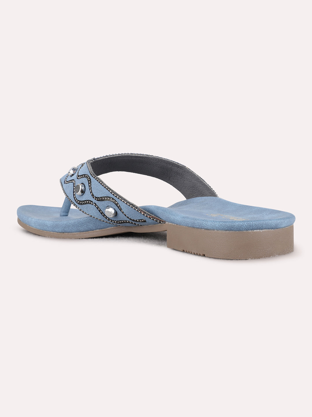 Womens Blue Ethnic Embellished T-Strap Flat Slip-Ons