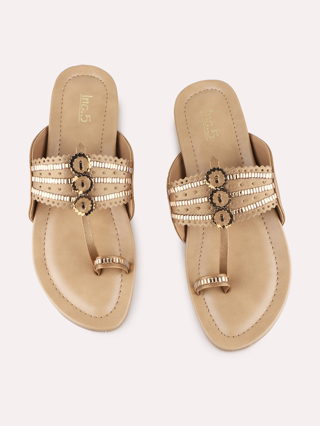 Womens Golden Ethnic Wear Embellished One Toe Flat Sandals