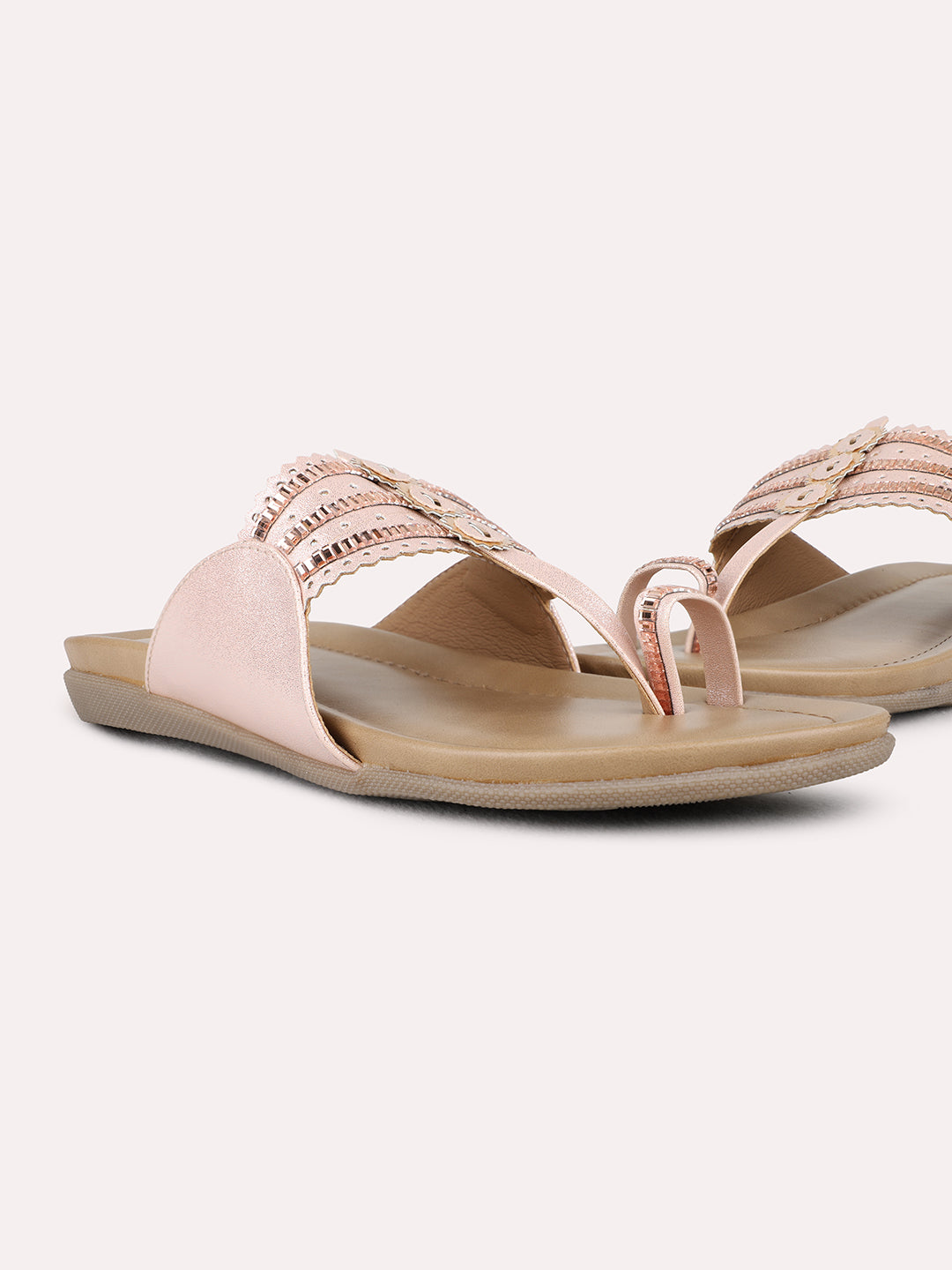 Womens Rose Gold Ethnic Wear Embellished One Toe Flat Sandals