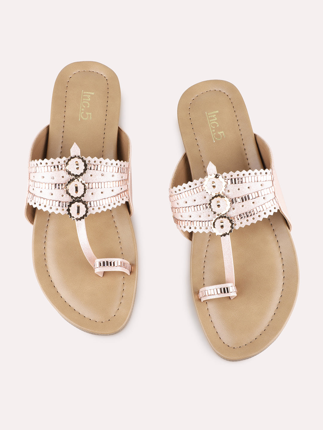 Womens Rose Gold Ethnic Wear Embellished One Toe Flat Sandals