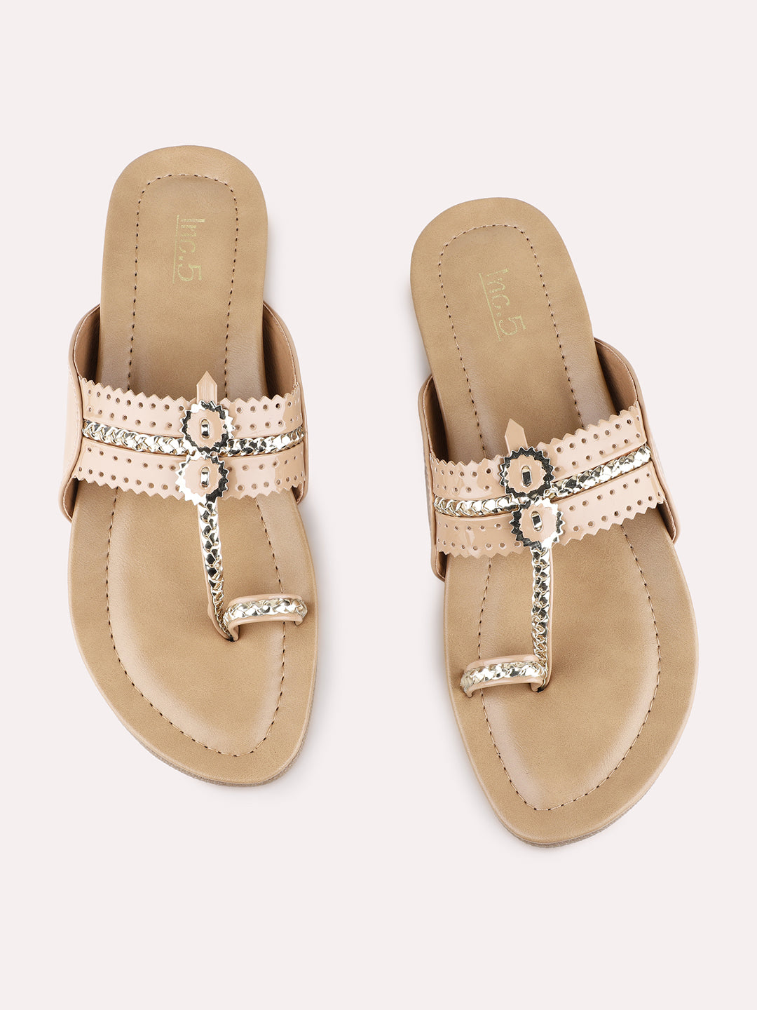 Womens Beige Ethnic Wear Embellished One Toe Flat Sandals