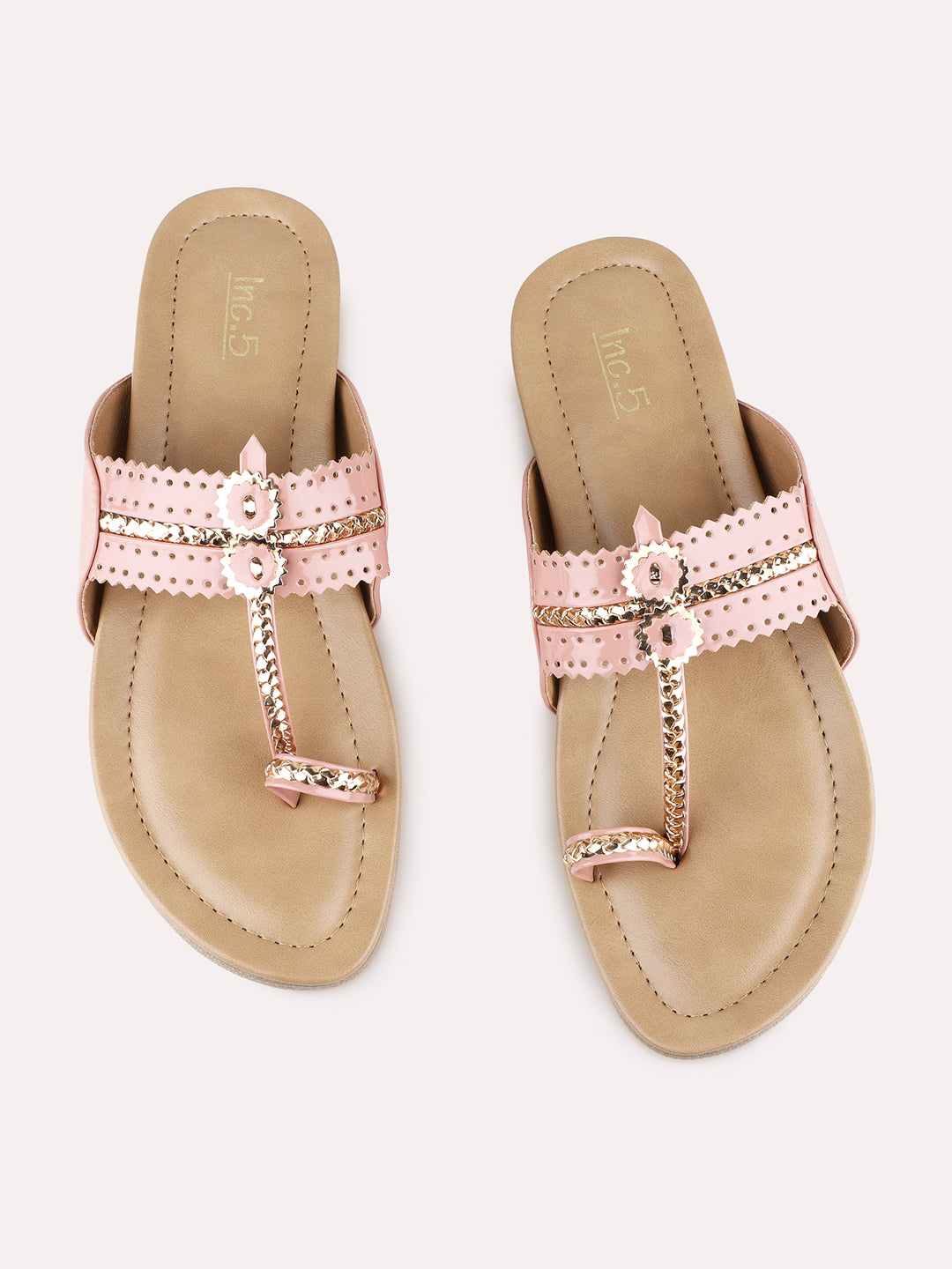 Womens Peach Ethnic Wear Embellished One Toe Flat Sandals