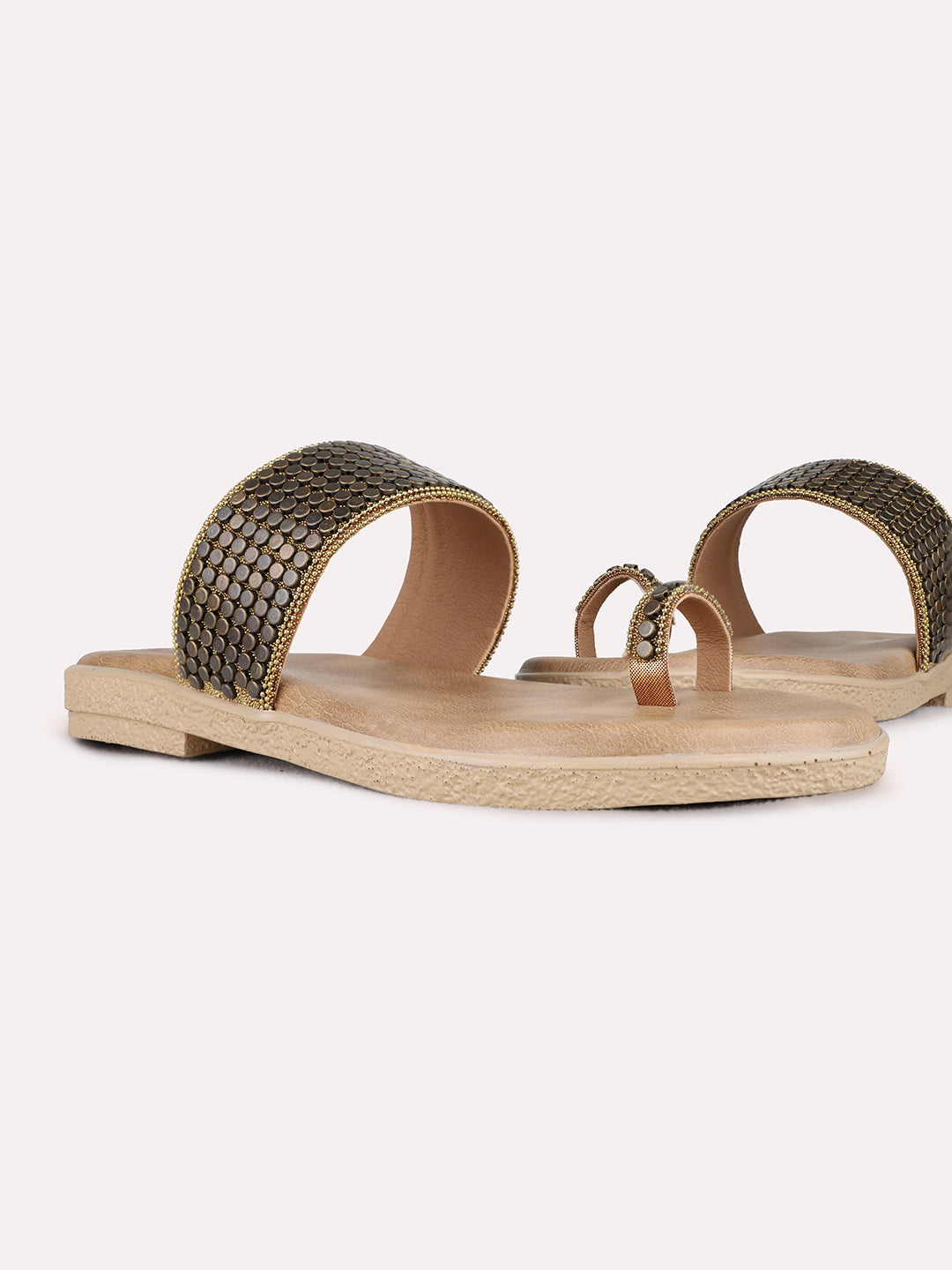 Womens Golden Ethnic Embellished Pattern One Toe Flat Slip-On Sandals