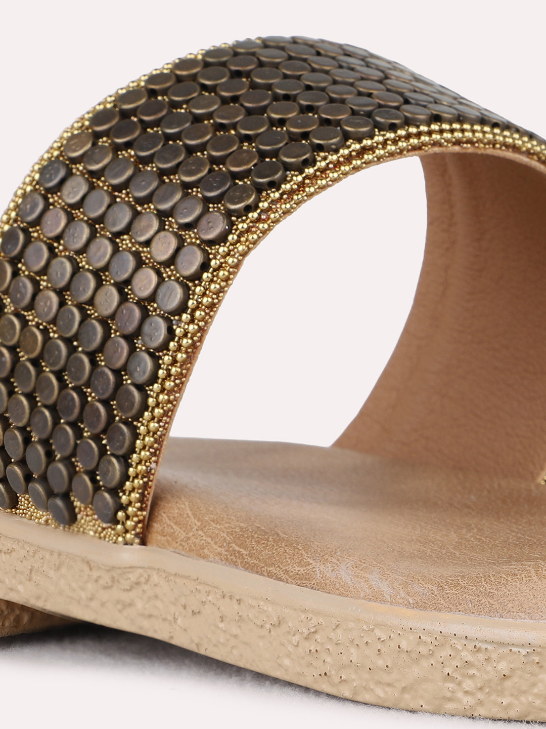 Womens Golden Ethnic Embellished Pattern One Toe Flats