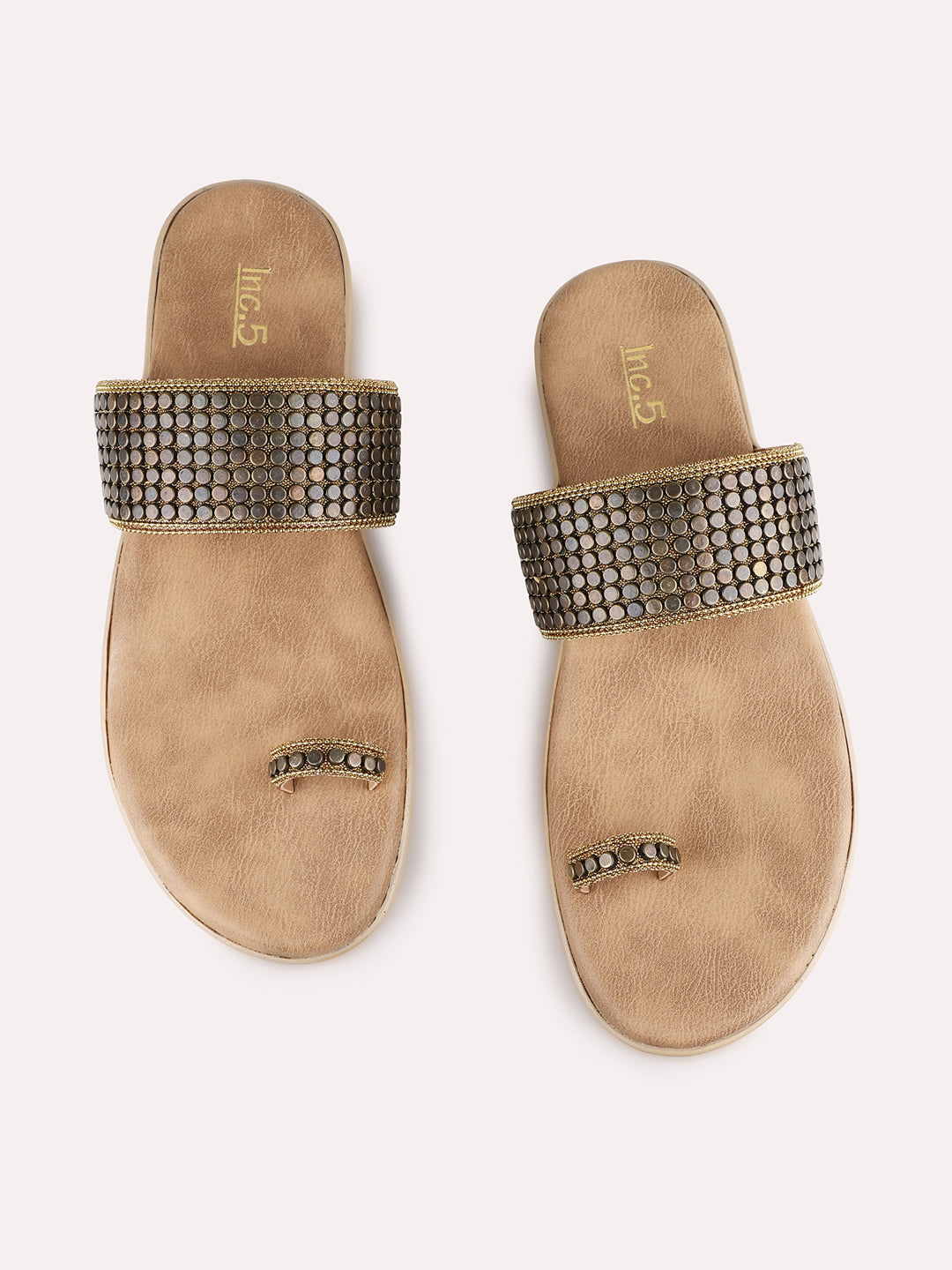 Womens Golden Ethnic Embellished Pattern One Toe Flats