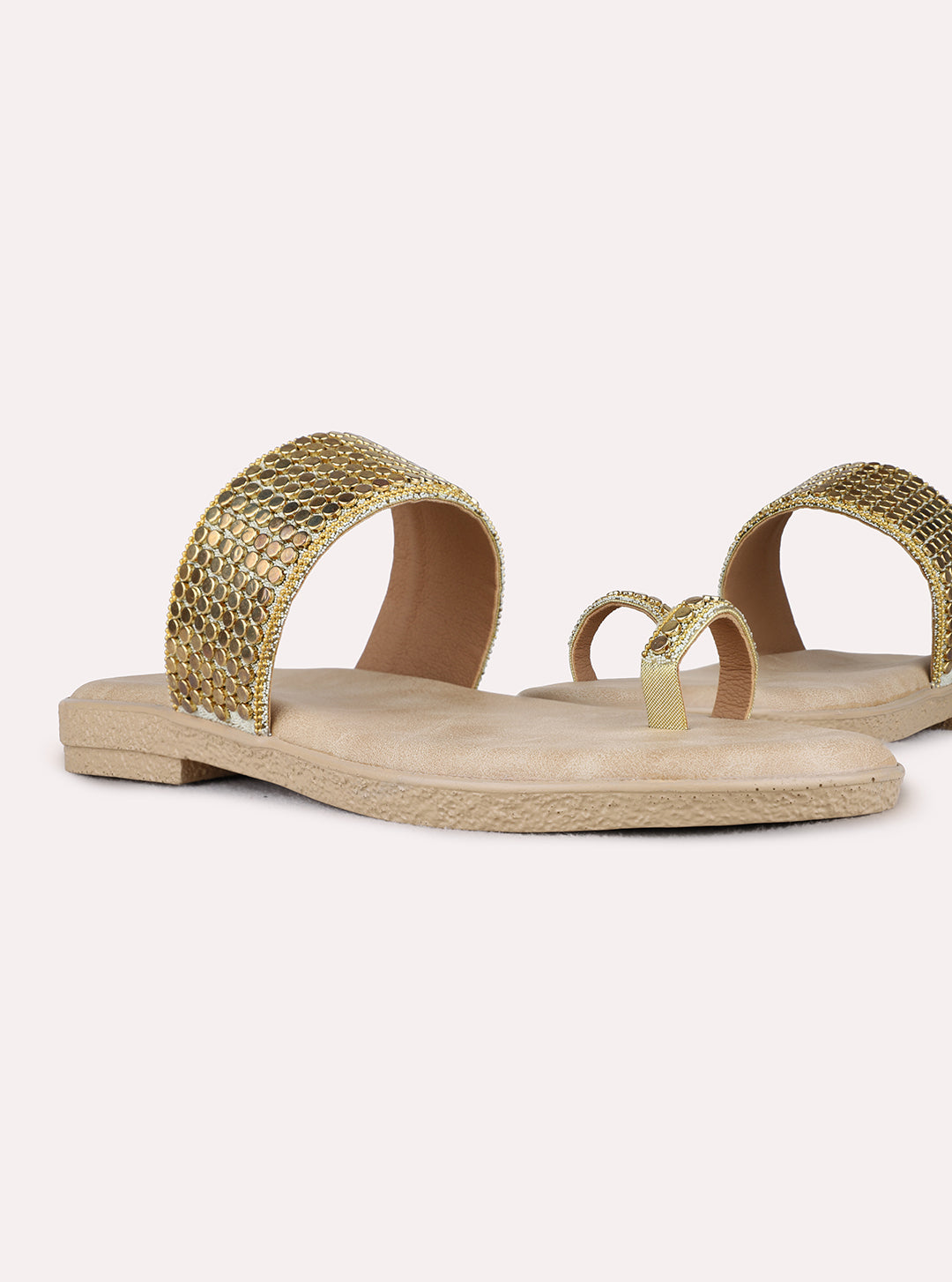 Womens Golden Ethnic Embellished One Toe Flats