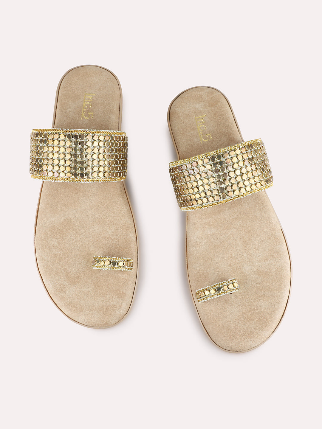 Womens Golden Ethnic Embellished One Toe Flats