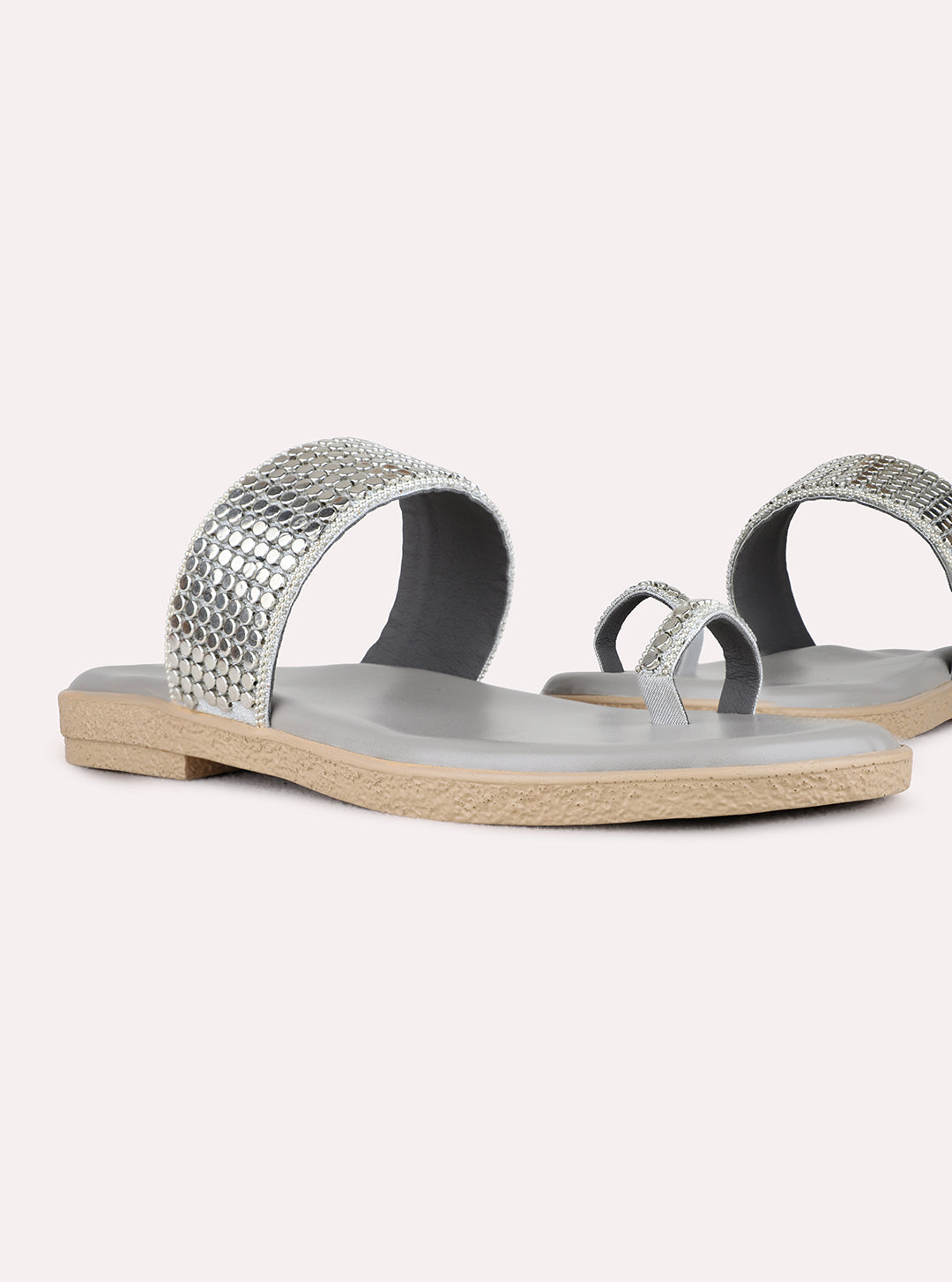 Womens Silver Ethnic Embellished One Toe Flat Slip-On Sandals