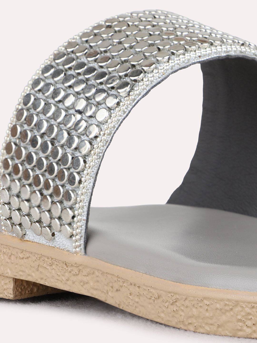 Womens Silver Ethnic Embellished One Toe Flat Slip-On Sandals