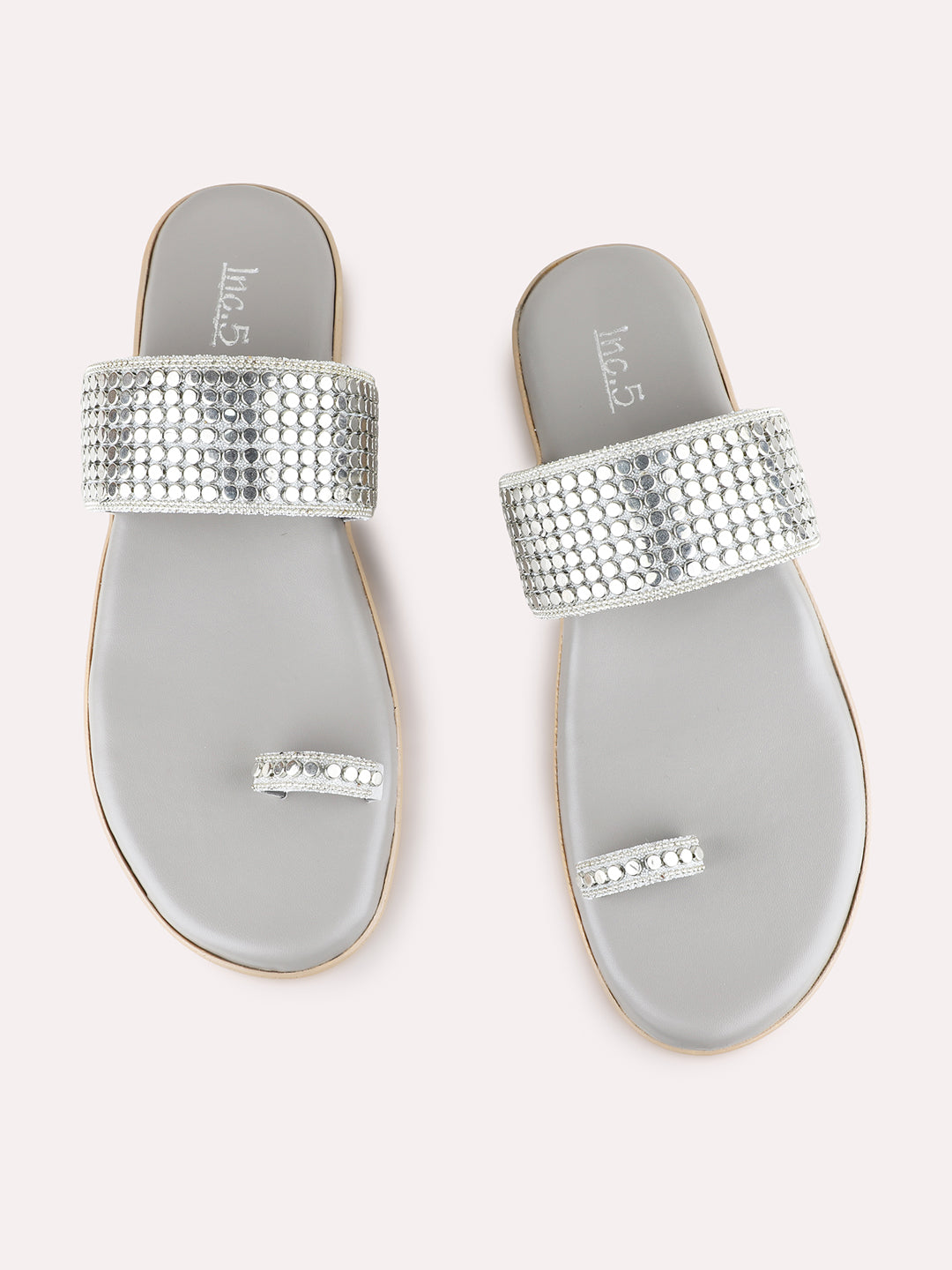 Womens Silver Ethnic Embellished One Toe Flats