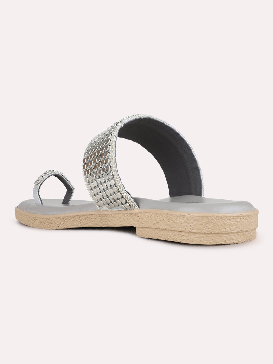 Womens Silver Ethnic Embellished One Toe Flat Slip-On Sandals