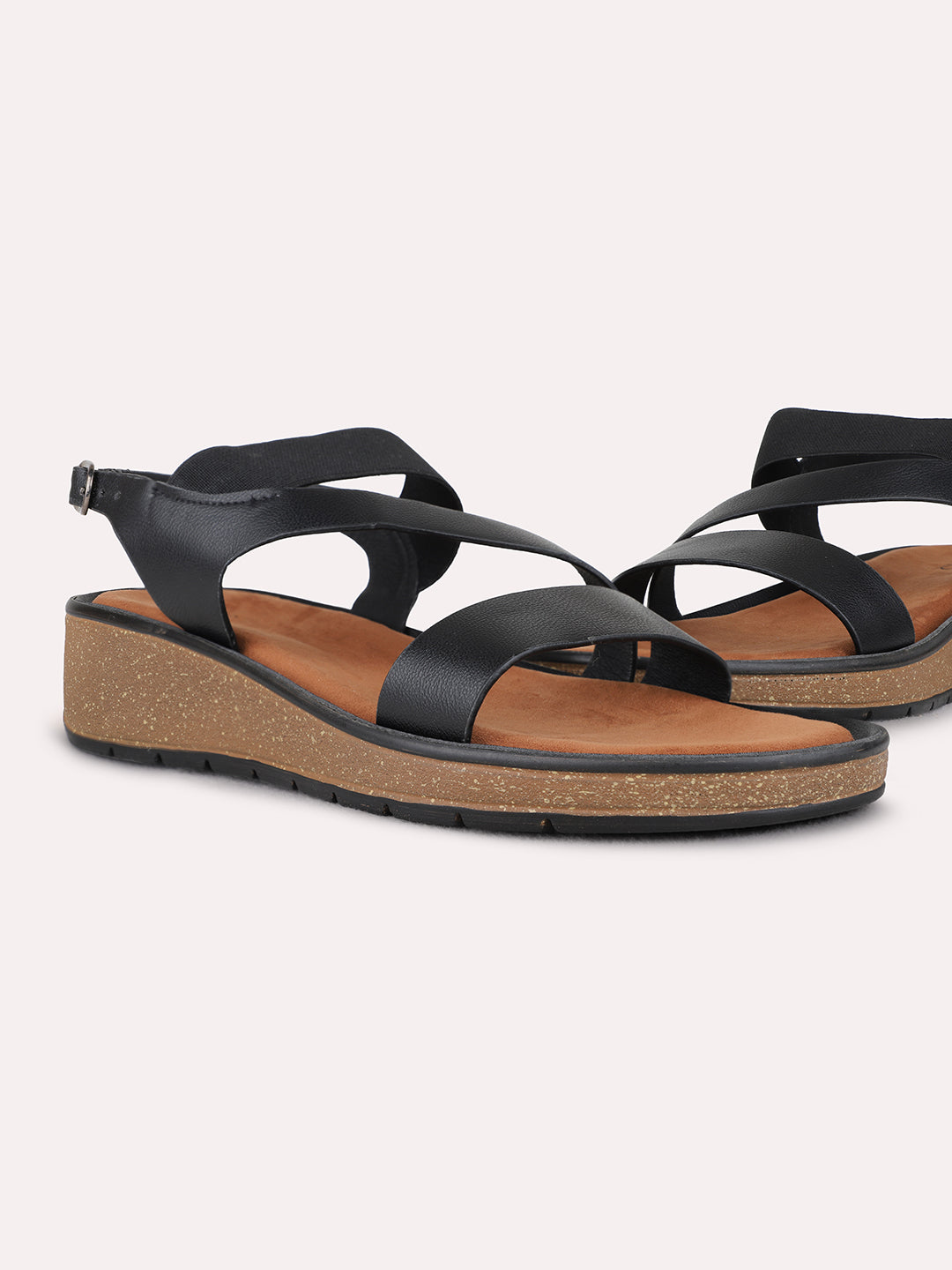 Womens Black Party Wear Solid Round Toe Wedge Heel Sandals