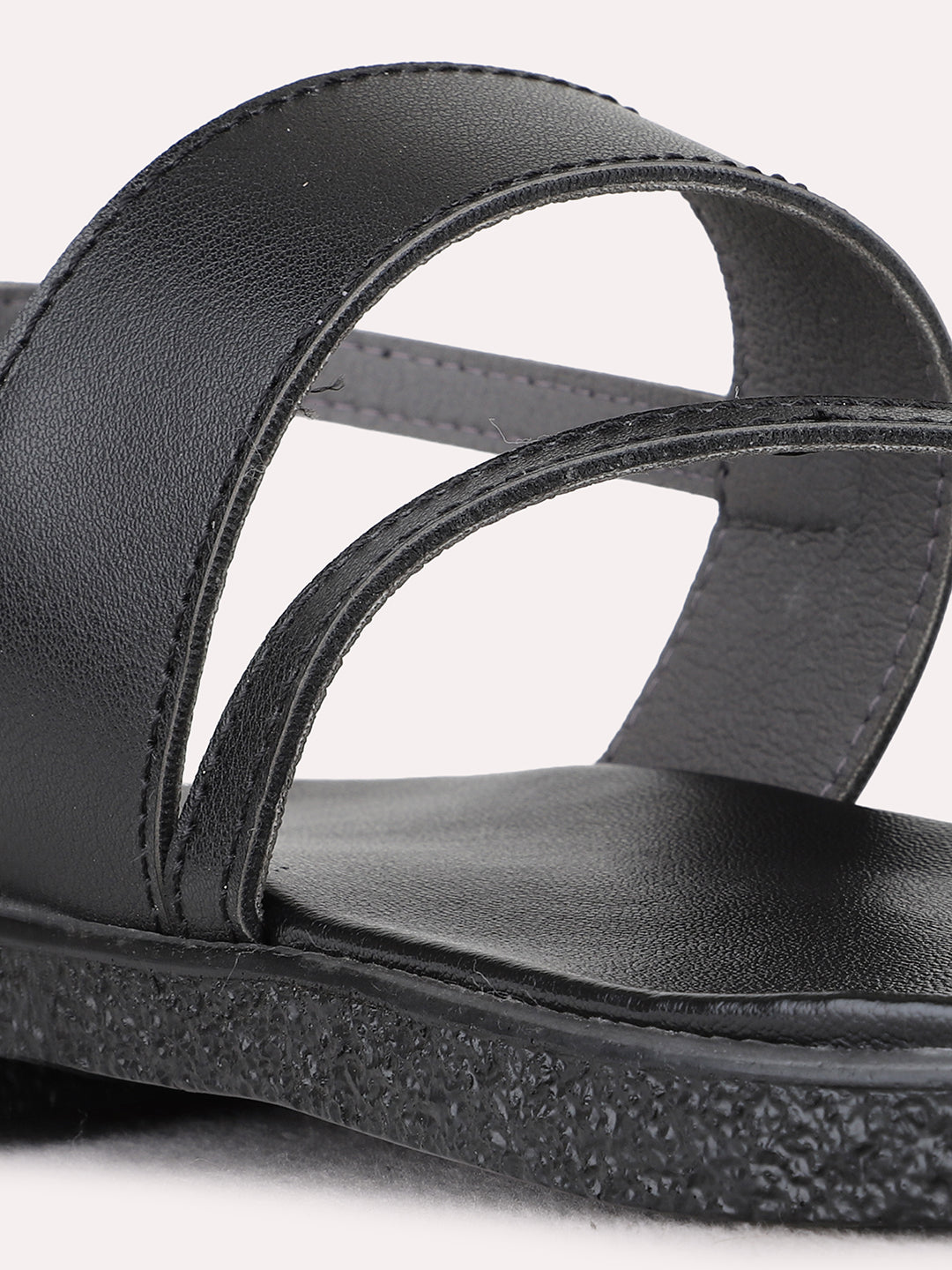 Womens Black Casual Striped One Toe Flat Sandals