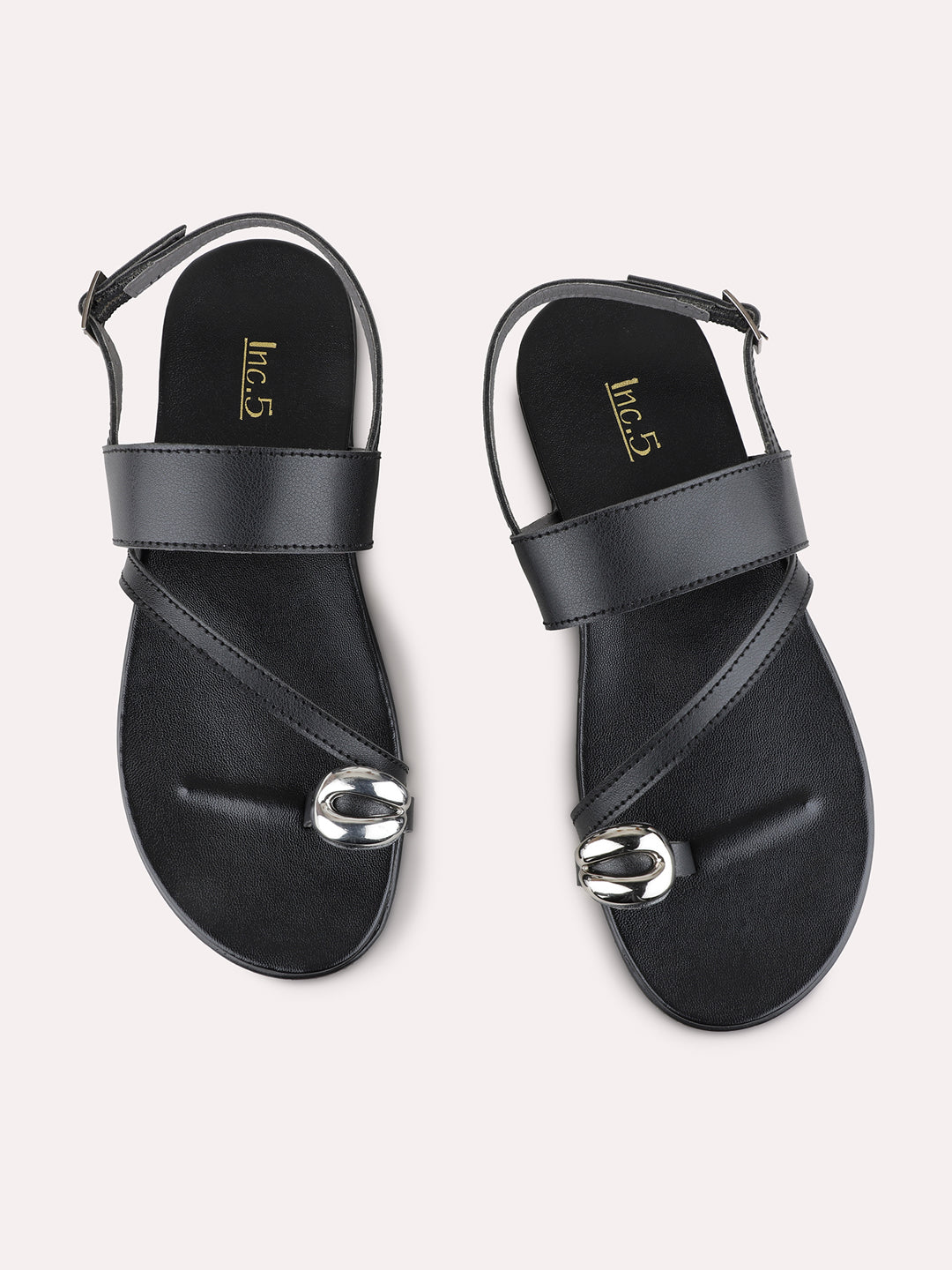 Womens Black Casual Striped One Toe Flat Sandals