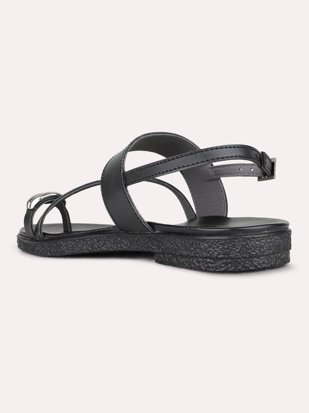 Womens Black Casual Striped One Toe Flat Sandals