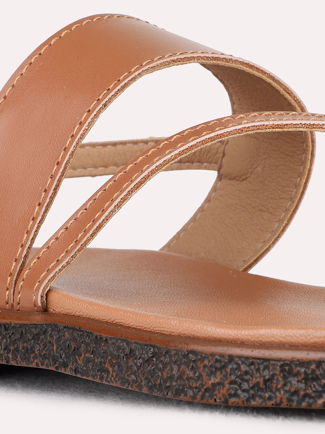 Womens Tan Casual Striped One Toe Flat Sandals