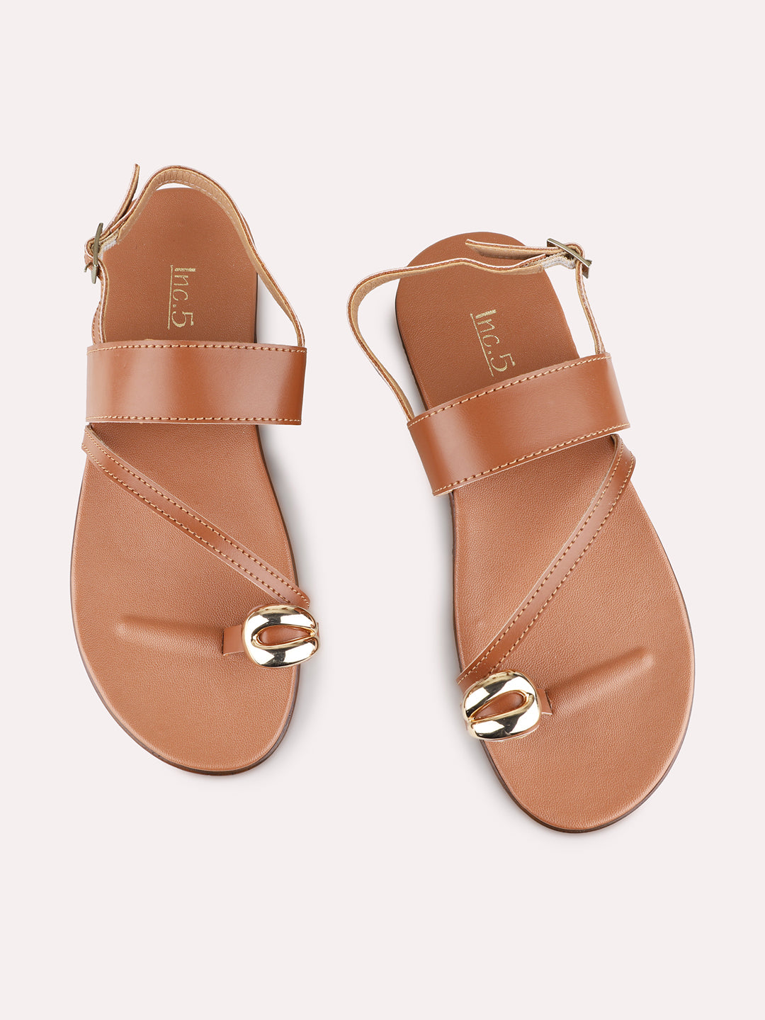 Womens Tan Casual Striped One Toe Flat Sandals