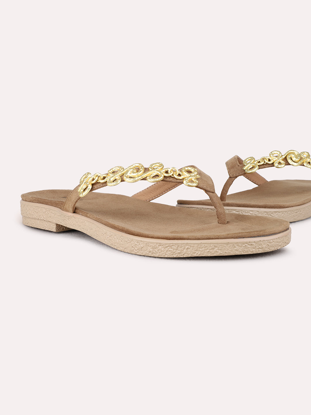 Womens Beige Casual Solid T-Strap Flat Slip-on Sandals