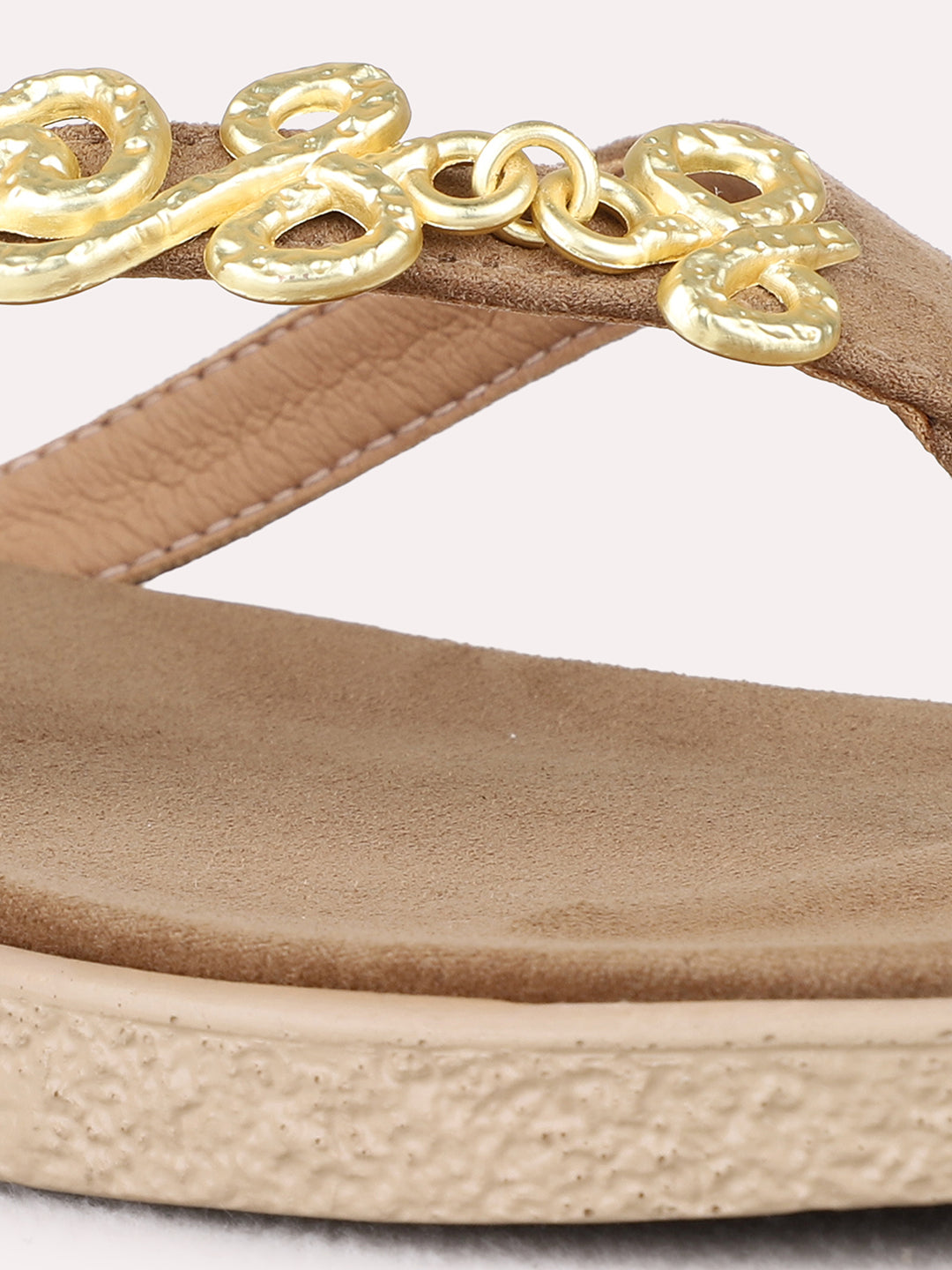 Womens Beige Casual Solid T-Strap Flat Slip-on Sandals