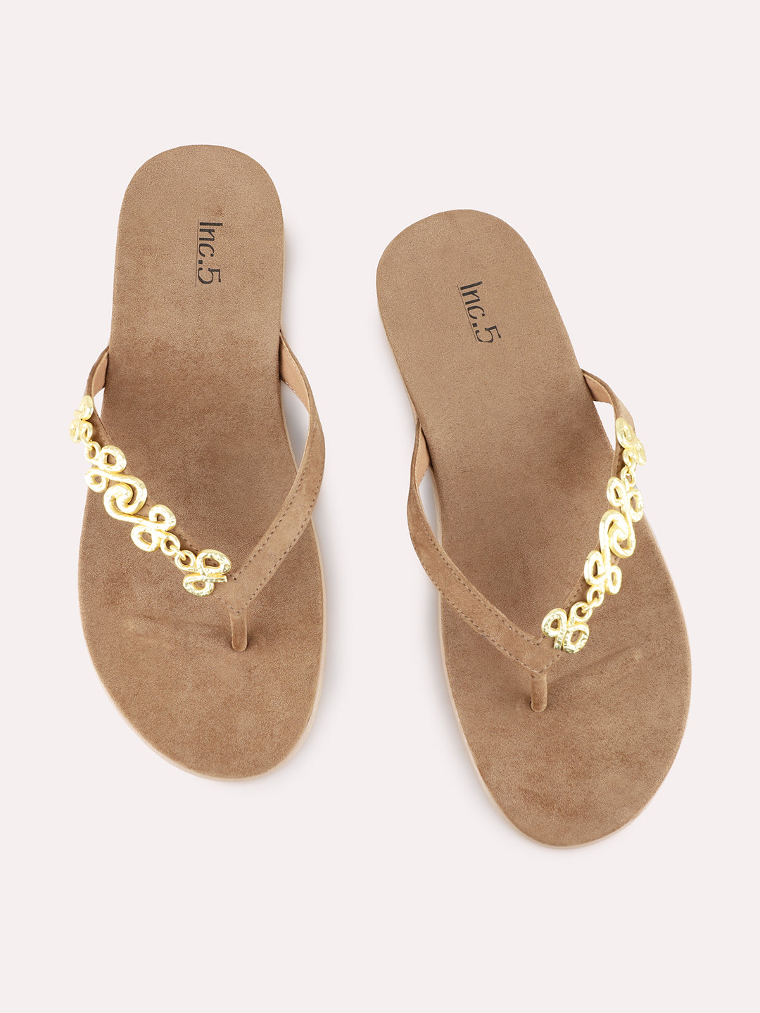 Womens Beige Casual Solid T-Strap Flat Slip-on Sandals