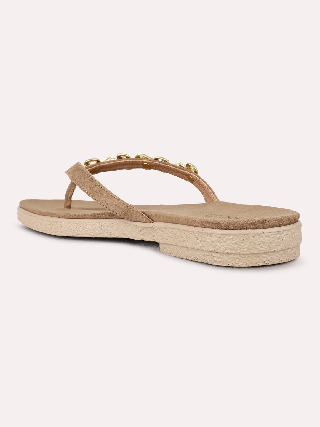 Womens Beige Casual Solid T-Strap Flat Slip-on Sandals
